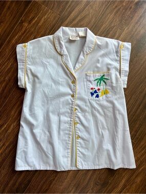 Vintage White Button-Down Shirt with Embroidered Pocket